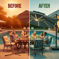 10 X 13 FT Cantilever Patio Umbrella Outdoor with Led Lights | Heavy Duty Aluminum Frame, Waterproof Fabric, 2-Tier Canopy, 360 Degree Rotation, 7-Tilt, for Pool Deck Backyard, Grey — Before & After