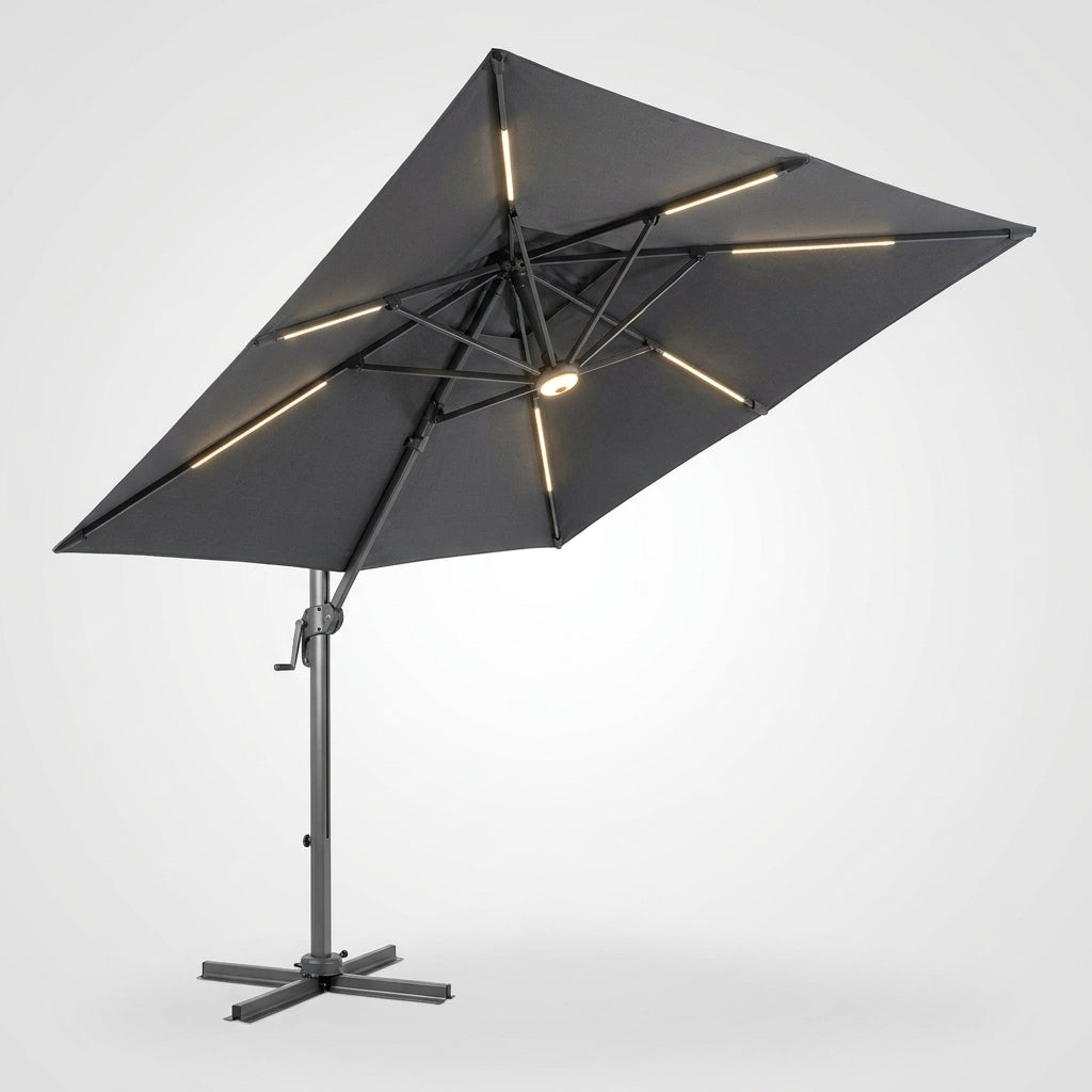 10 X 13 FT Cantilever Patio Umbrella Outdoor with Led Lights | Heavy Duty Aluminum Frame, Waterproof Fabric, 2-Tier Canopy, 360 Degree Rotation, 7-Tilt, for Pool Deck Backyard, Grey — Studio Shot