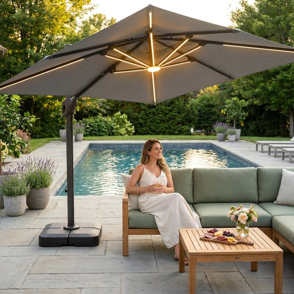 Cantilever Patio Umbrella Designed for Large Coverage, 10x13 FT, LED Lights, Aluminum Frame, 360 Rotation