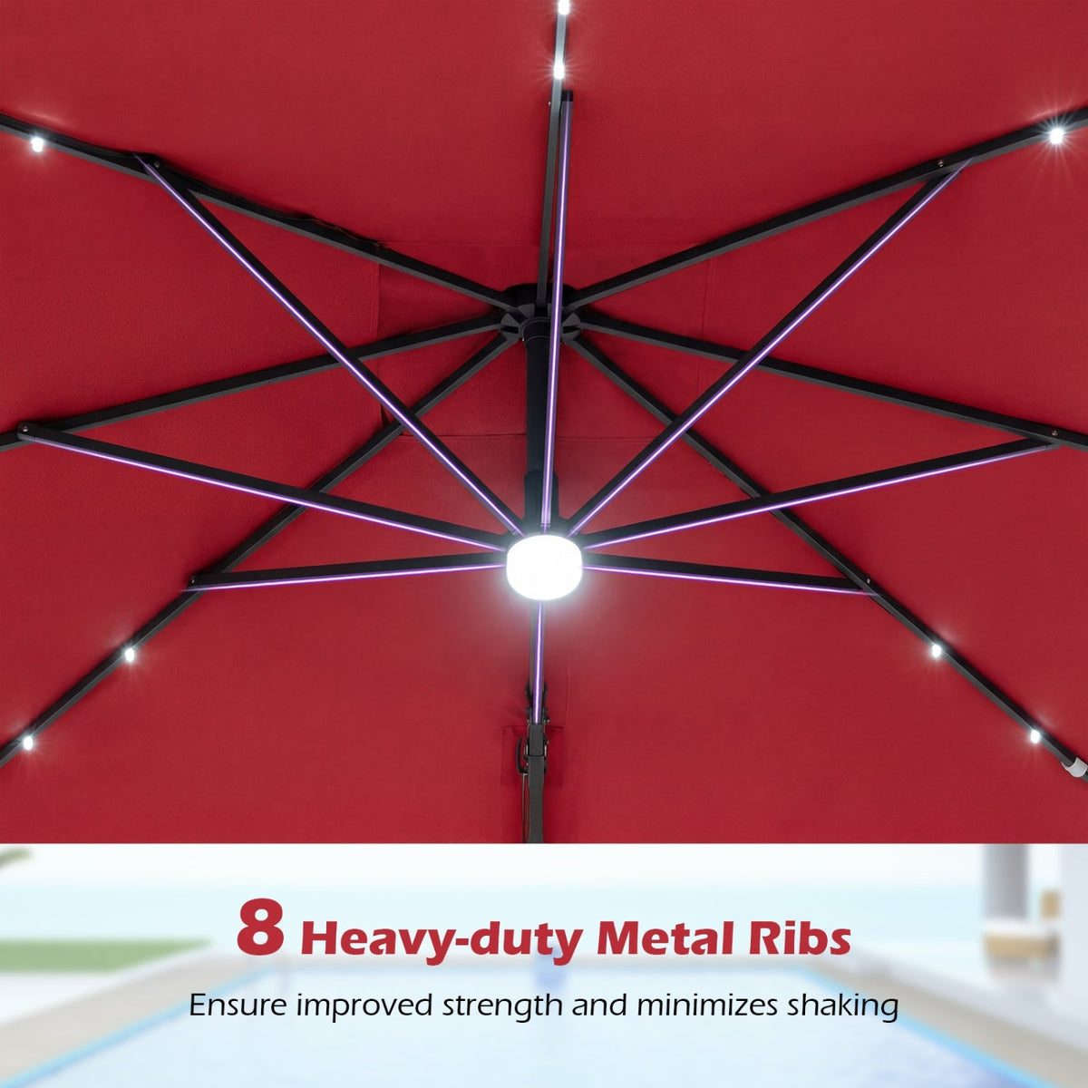 10 FT Cantilever Patio Umbrella with Solar LED Lights & Base