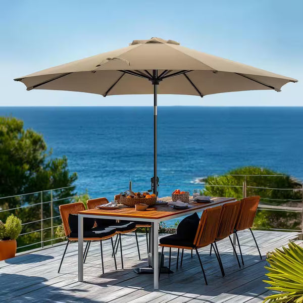 9 Ft. Patio Umbrella for Outdoor with Push Button Tilt and Crank Table Umbrella plus Base in Tan