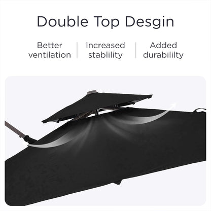 9' X 12' Patio Umbrella with LED Lights Outdoor Cantilever Umbrellas | Heavy Duty Aluminum Frame, Double Top Waterproof Canopy, 360-Degree Rotation, for Pool Garden Deck, Black