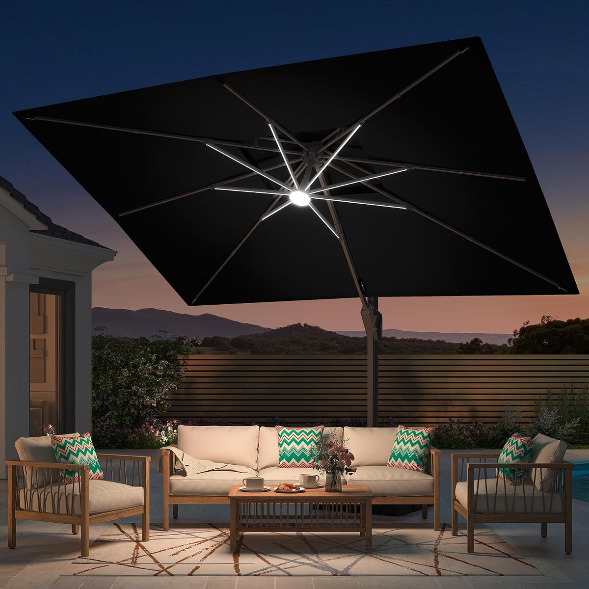 9' X 12' Patio Umbrella with LED Lights Outdoor Cantilever Umbrellas | Heavy Duty Aluminum Frame, Double Top Waterproof Canopy, 360-Degree Rotation, for Pool Garden Deck, Black