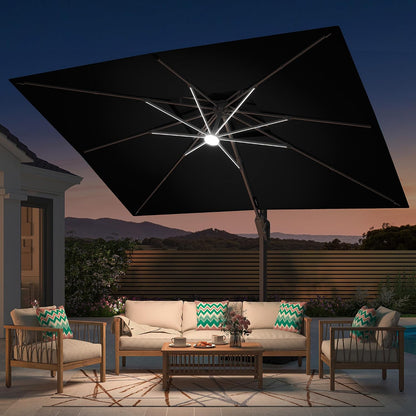 9' X 12' Patio Umbrella with LED Lights Outdoor Cantilever Umbrellas | Heavy Duty Aluminum Frame, Double Top Waterproof Canopy, 360-Degree Rotation, for Pool Garden Deck, Black