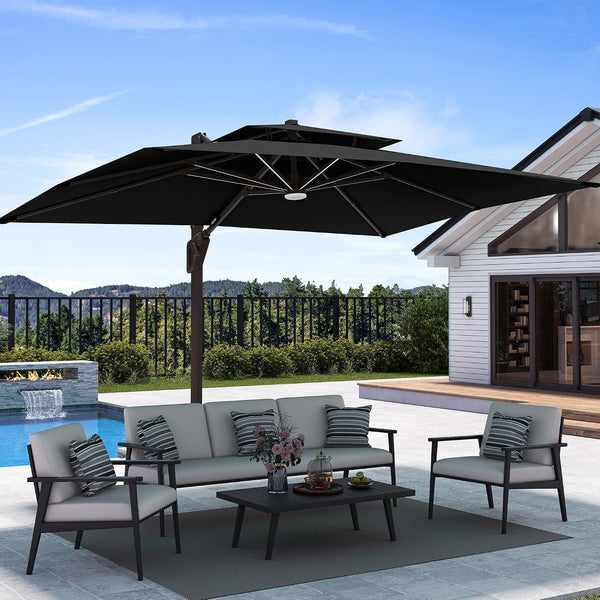 9' X 12' Patio Umbrella with LED Lights Outdoor Cantilever Umbrellas | Heavy Duty Aluminum Frame, Double Top Waterproof Canopy, 360-Degree Rotation, for Pool Garden Deck, Black
