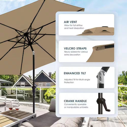 9 Ft. Patio Umbrella for Outdoor with Push Button Tilt and Crank Table Umbrella plus Base in Tan
