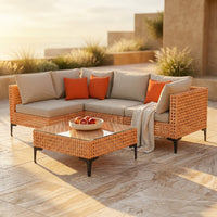 5 Piece Outdoor Patio Furniture Set Modular Outdoor Furniture Set Wicker Outdoor Sectional Sofa with Cushions and Table Patio Set for Balcony Porch Deck Yard ( (Salmon&Orange Wicker, Sand Cushion)) — Studio Shot