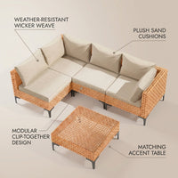 5 Piece Outdoor Patio Furniture Set Modular Outdoor Furniture Set Wicker Outdoor Sectional Sofa with Cushions and Table Patio Set for Balcony Porch Deck Yard ( (Salmon&Orange Wicker, Sand Cushion)) — infographic