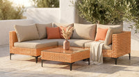 5 Piece Outdoor Patio Furniture Set Modular Outdoor Furniture Set Wicker Outdoor Sectional Sofa with Cushions and Table Patio Set for Balcony Porch Deck Yard ( (Salmon&Orange Wicker, Sand Cushion)) — Lifestyle