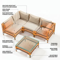 5 Piece Outdoor Patio Furniture Set Modular Outdoor Furniture Set Wicker Outdoor Sectional Sofa with Cushions and Table Patio Set for Balcony Porch Deck Yard ( (Salmon&Orange Wicker, Sand Cushion)) — How It Works