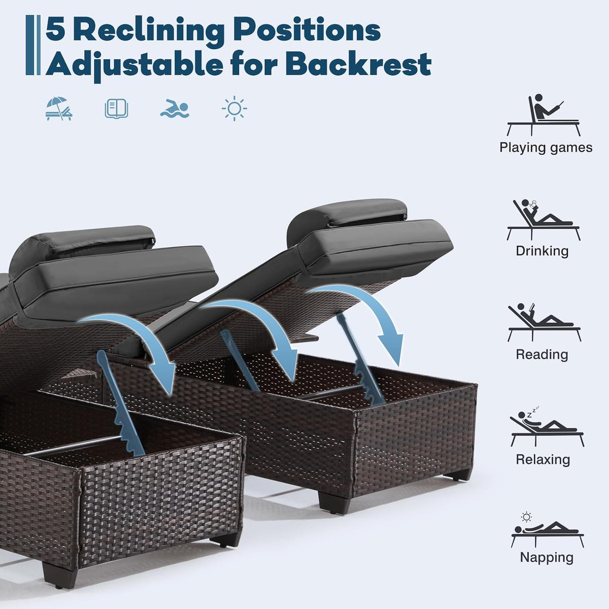 Outdoor Lounge Chairs, Pool Lounge Chairs Set of 2, Outdoor Chaise Lounge with Adjustable Backrest & Cup Holder,Grey Cushion