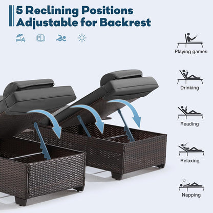 Outdoor Lounge Chairs, Pool Lounge Chairs Set of 2, Outdoor Chaise Lounge with Adjustable Backrest & Cup Holder,Grey Cushion