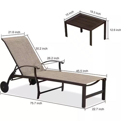 Aluminum 3-Pieces Outdoor Chaise Lounge Patio Lounge Chair with Side Table