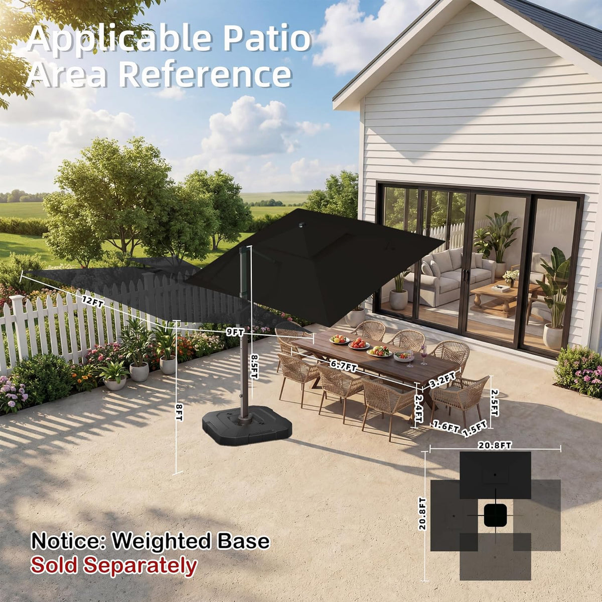 9' X 12' Patio Umbrella with LED Lights Outdoor Cantilever Umbrellas | Heavy Duty Aluminum Frame, Double Top Waterproof Canopy, 360-Degree Rotation, for Pool Garden Deck, Black