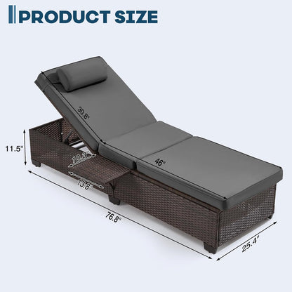 Outdoor Lounge Chairs, Pool Lounge Chairs Set of 2, Outdoor Chaise Lounge with Adjustable Backrest & Cup Holder,Grey Cushion