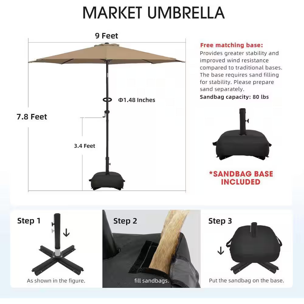 9 Ft. Patio Umbrella for Outdoor with Push Button Tilt and Crank Table Umbrella plus Base in Tan