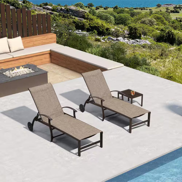Aluminum 3-Pieces Outdoor Chaise Lounge Patio Lounge Chair with Side Table