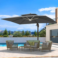 10 X 13 FT Cantilever Patio Umbrella Outdoor with Led Lights | Heavy Duty Aluminum Frame, Waterproof Fabric, 2-Tier Canopy, 360 Degree Rotation, 7-Tilt, for Pool Deck Backyard, Grey
