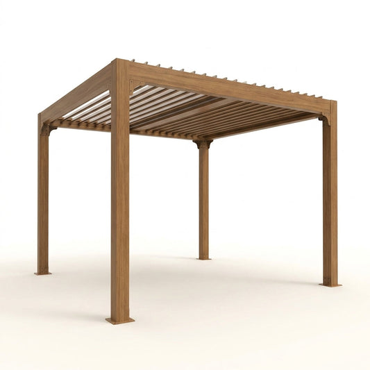 Louvered Pergola 10 Ft X10', Outdoor Pergola with Adjustable Louvered Roof, Reinforced Aluminum Frame, Integrated Drainage System, Hardtop Gazebo for Patio, Deck, Wood Grain — Studio Shot