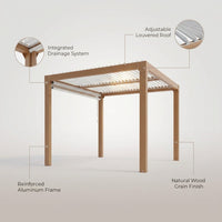 Louvered Pergola 10 Ft X10', Outdoor Pergola with Adjustable Louvered Roof, Reinforced Aluminum Frame, Integrated Drainage System, Hardtop Gazebo for Patio, Deck, Wood Grain — infographic