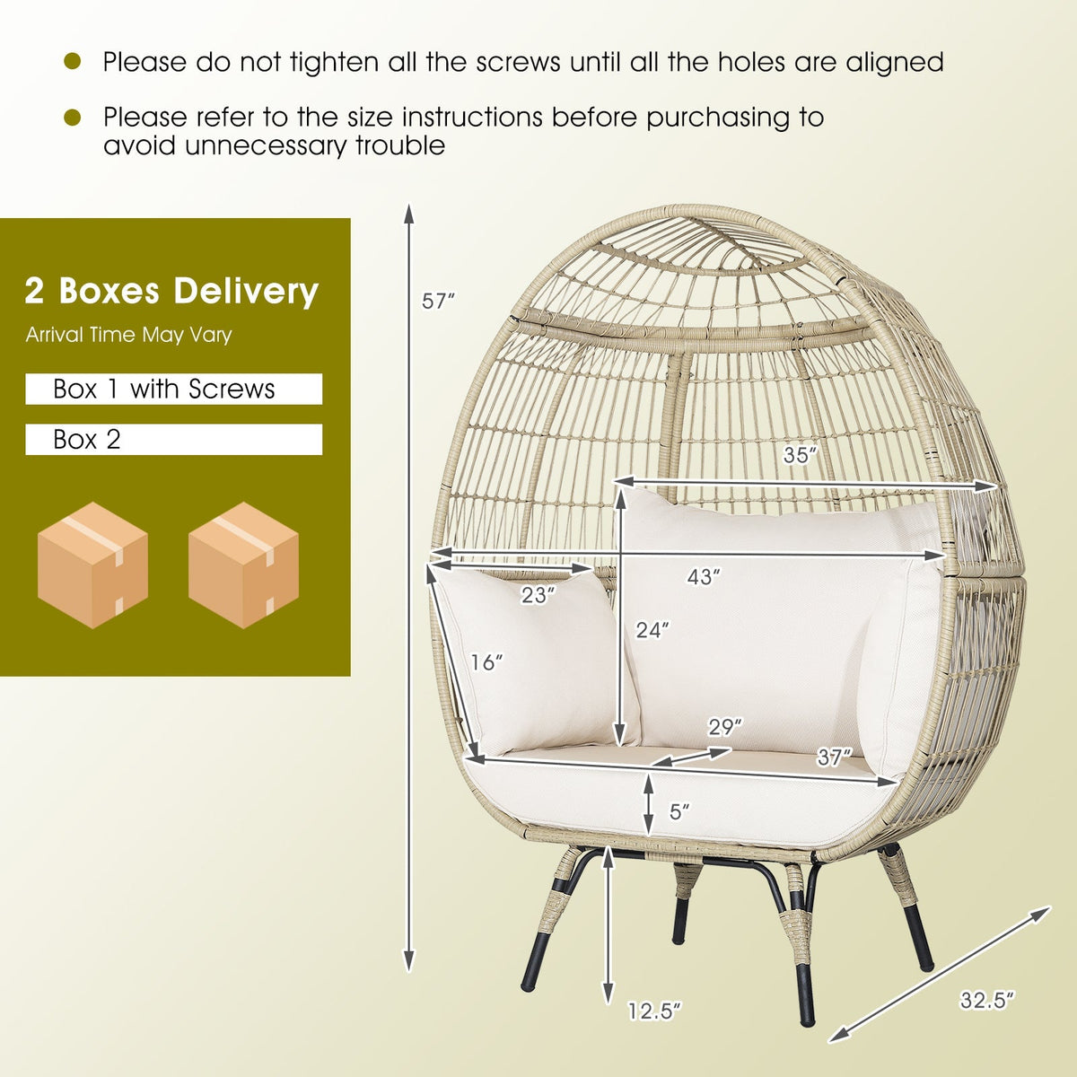 Oversized Rattan Egg Lounge Chair & 2-Seat Rattan Sofa with Cushions