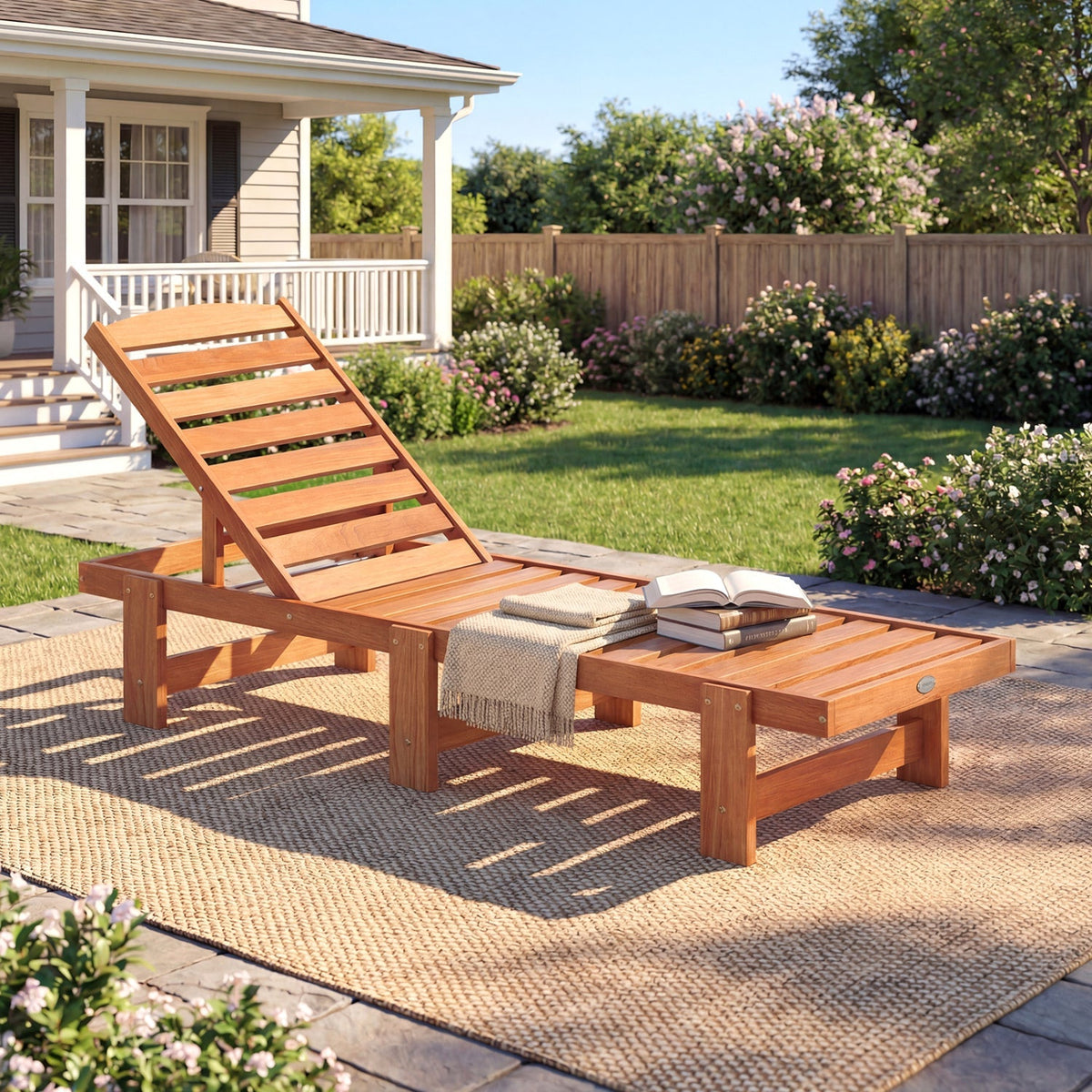 Patio Chaise Lounge Chair Solid Wood Slatted Recliner with Adjustable Backrest