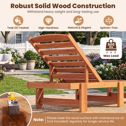 Patio Chaise Lounge Chair Solid Wood Slatted Recliner with Adjustable Backrest