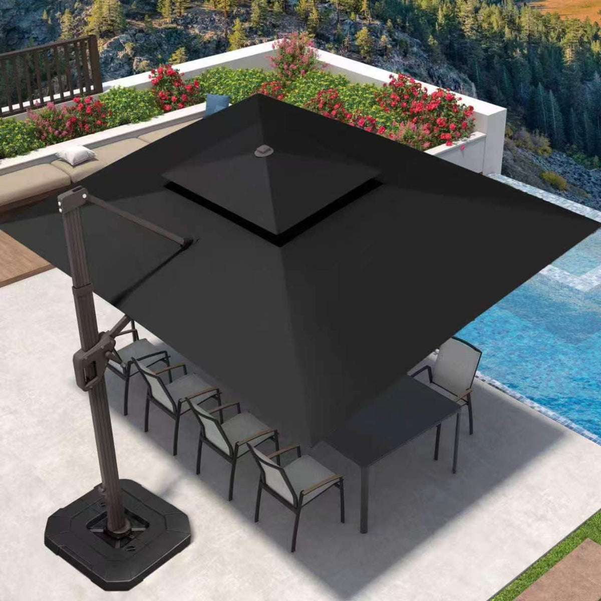 9' X 12' Patio Umbrella with LED Lights Outdoor Cantilever Umbrellas | Heavy Duty Aluminum Frame, Double Top Waterproof Canopy, 360-Degree Rotation, for Pool Garden Deck, Black