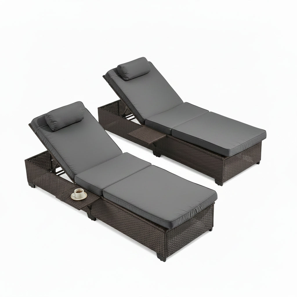 Outdoor Lounge Chairs, Pool Lounge Chairs Set of 2, Outdoor Chaise Lounge with Adjustable Backrest & Cup Holder,Grey Cushion