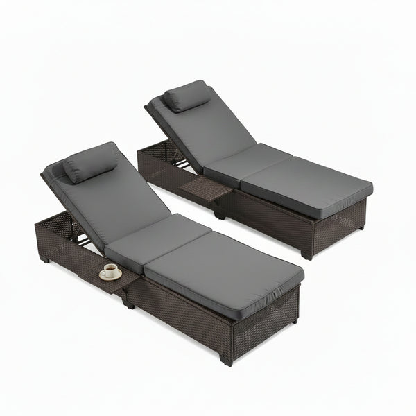 Outdoor Lounge Chairs, Pool Lounge Chairs Set of 2, Outdoor Chaise Lounge with Adjustable Backrest & Cup Holder,Grey Cushion