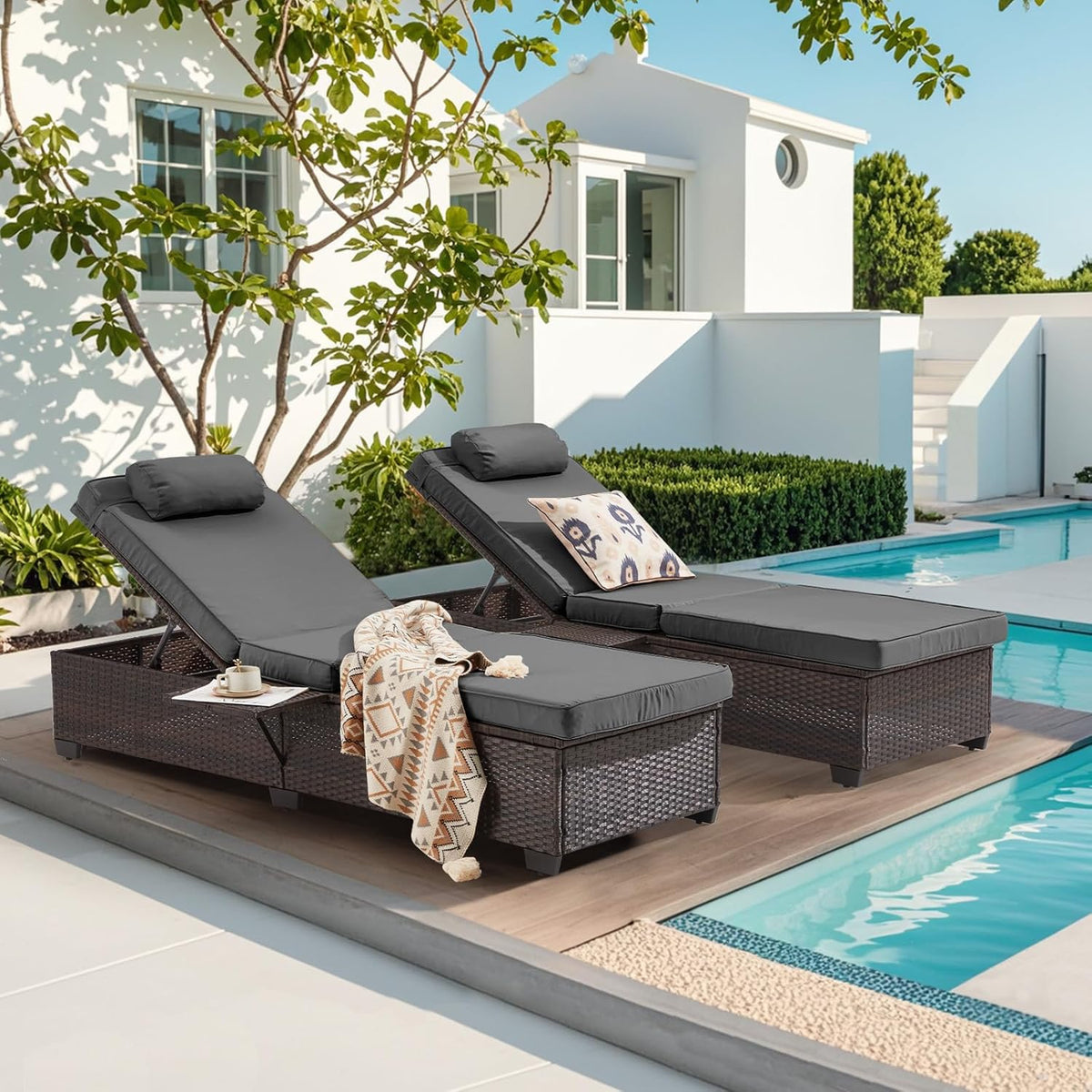 Outdoor Lounge Chairs, Pool Lounge Chairs Set of 2, Outdoor Chaise Lounge with Adjustable Backrest & Cup Holder,Grey Cushion