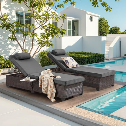 Outdoor Lounge Chairs, Pool Lounge Chairs Set of 2, Outdoor Chaise Lounge with Adjustable Backrest & Cup Holder,Grey Cushion