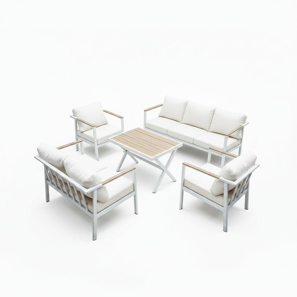 Aluminum Patio Sectional Furniture Set,5 Piece Patio Conversation Sets Outdoor Patio Furniture Set Sofa with Coffee Table & Washable Cushions White