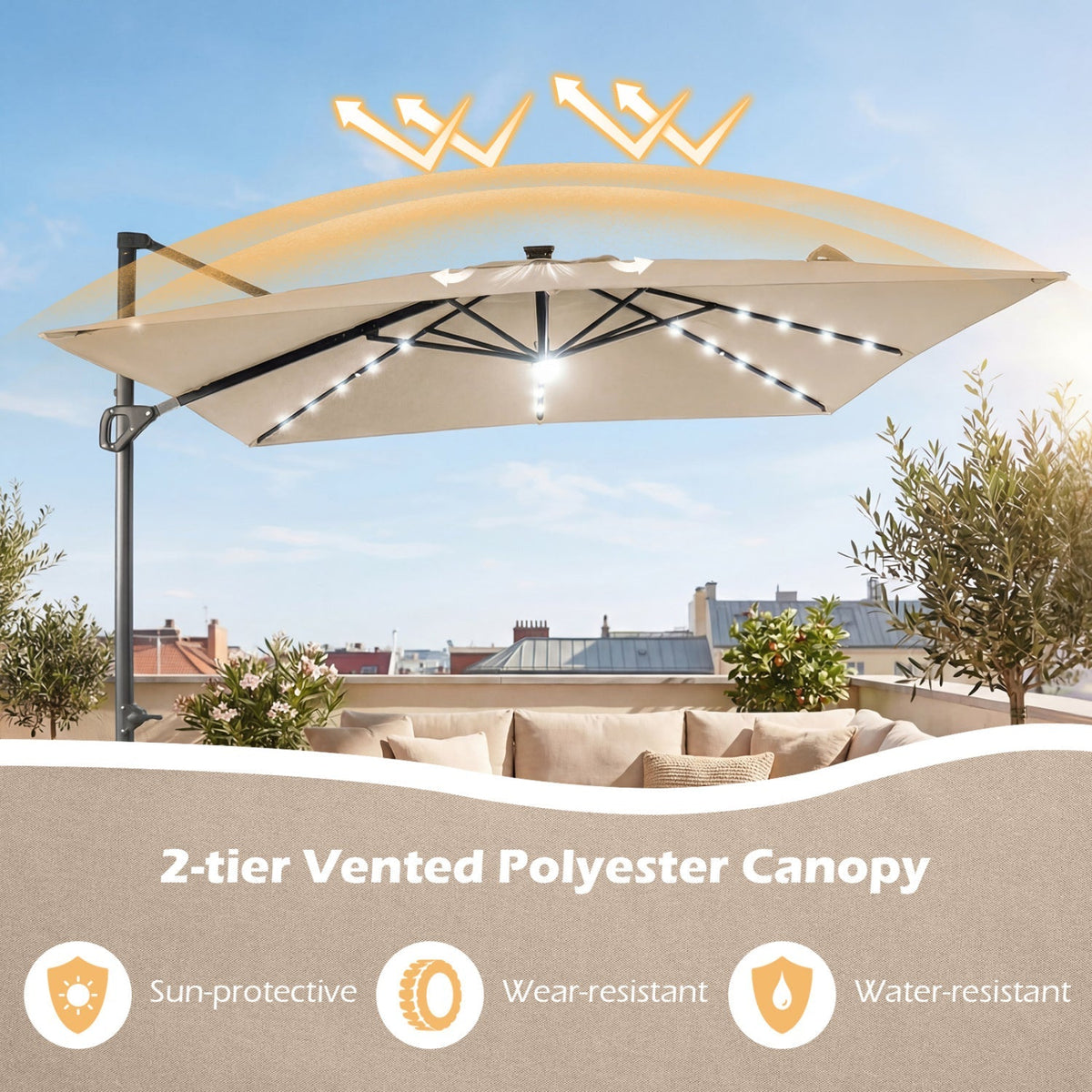 10 FT Cantilever Patio Umbrella with Solar LED Lights & Base