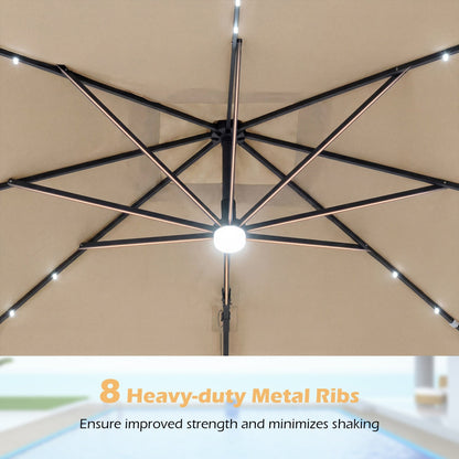 10 FT Cantilever Patio Umbrella with Solar LED Lights & Base
