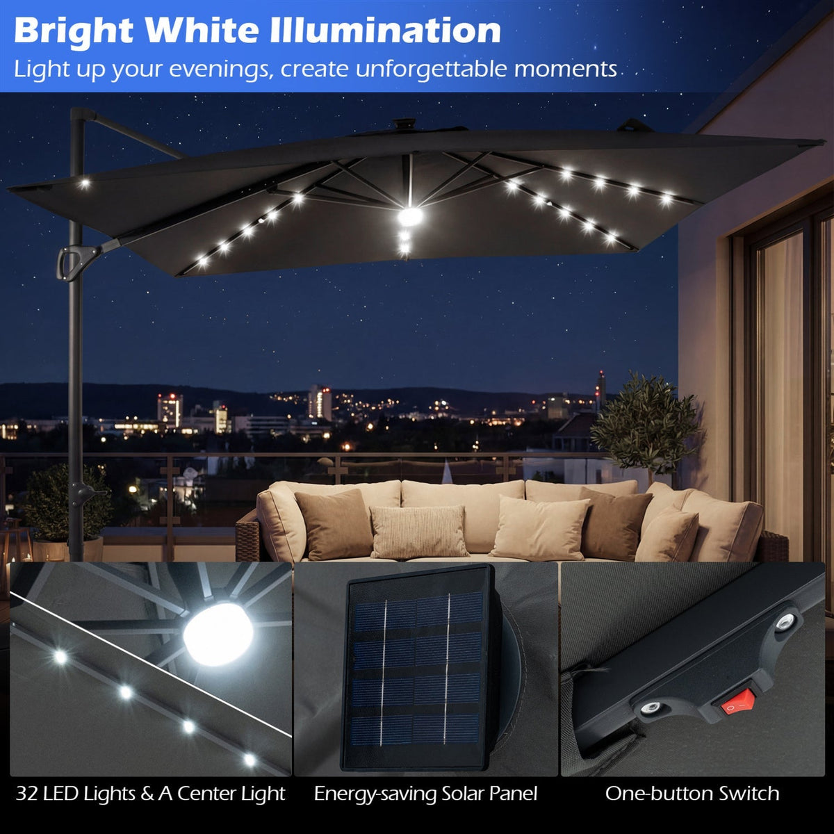 10 FT Cantilever Patio Umbrella with Solar LED Lights & Base