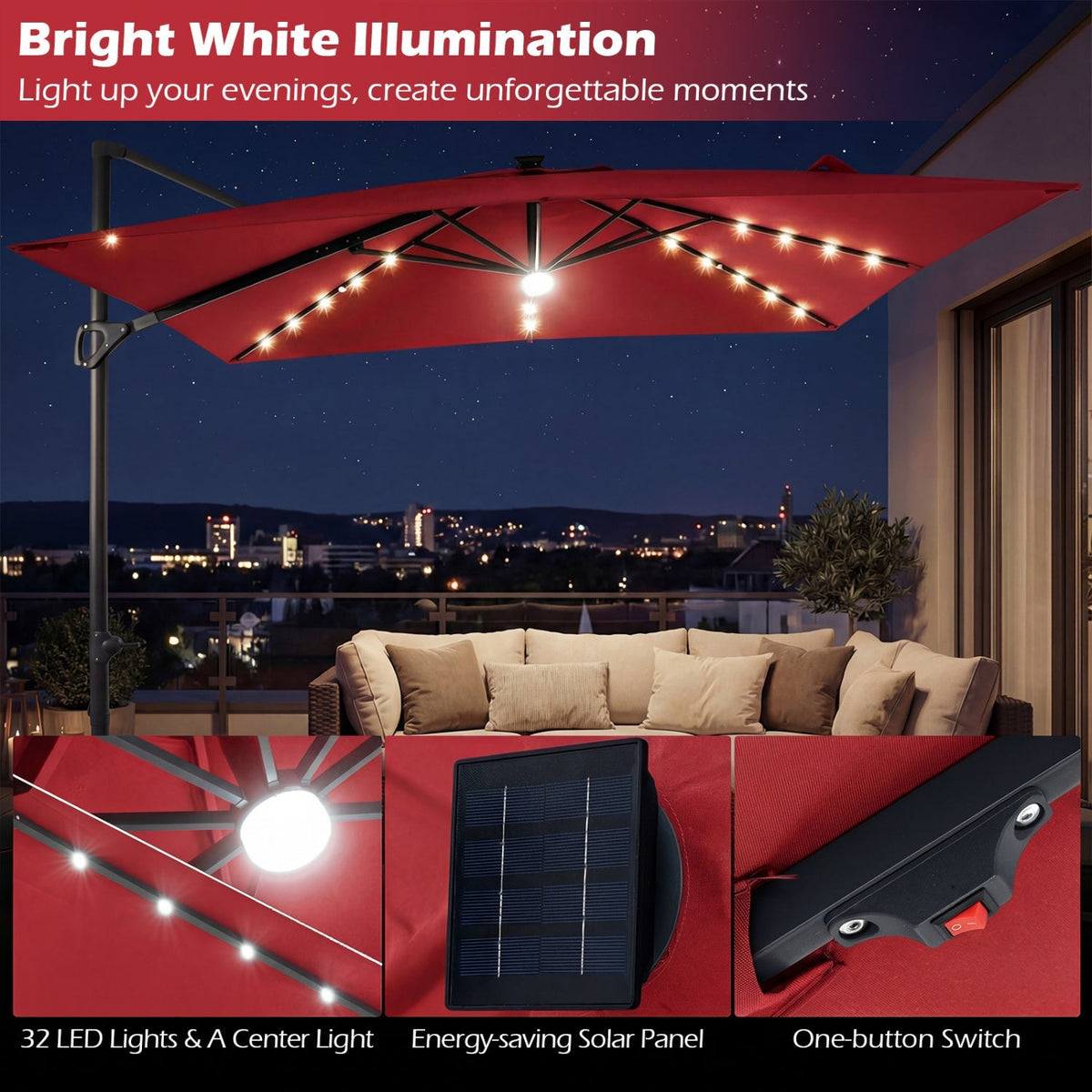 10 FT Cantilever Patio Umbrella with Solar LED Lights & Base